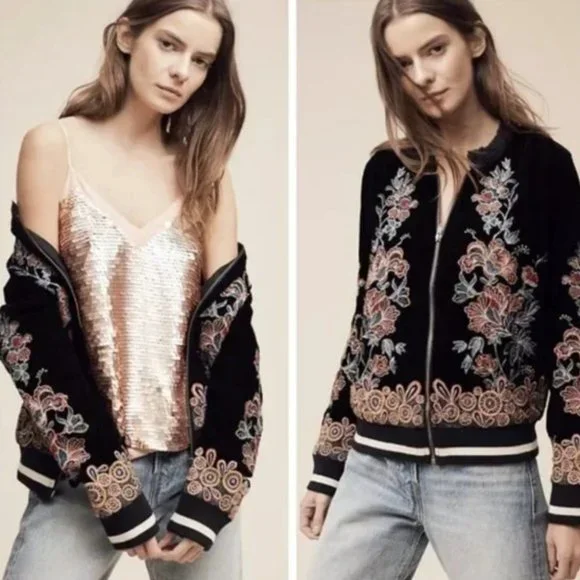 Anthropologie Black Floral Embroidered Jacket - Picture 2 of 13